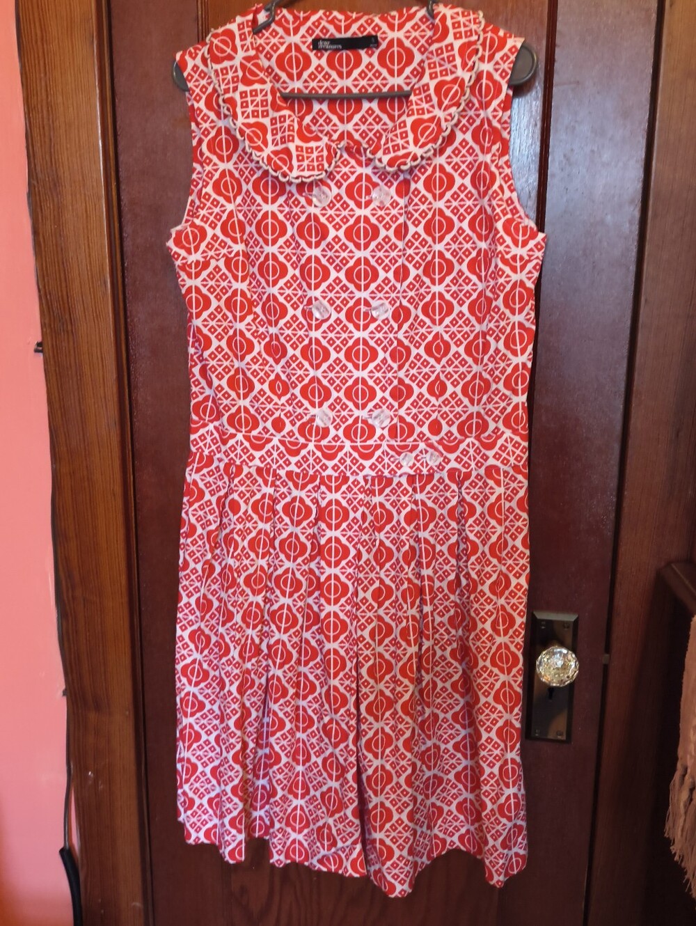ModCloth Dear Creatures Red and White Sleeveless Geometric Fit-and-Flare Dress